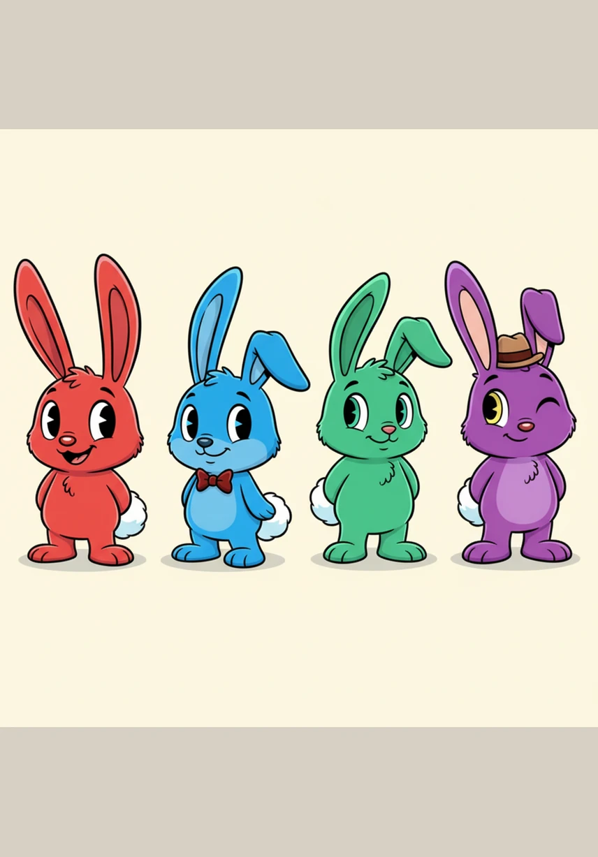 The red, blue, green, and pink bunnies huddle together under the protection of the giant glowing clover for warmth. They feel safe and happy in their new forms, ready to face whatever magical adventures tomorrow might bring. This is just the beginning of their life as the most colorful rabbits the forest has ever seen.