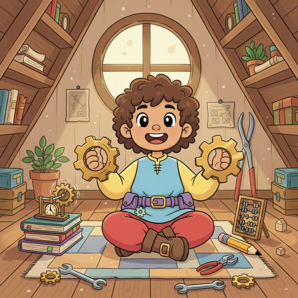 Meet Pip, a bright-eyed, cheerful child with a mop of messy hair, who loves nothing more than tinkering with gears and springs in his cozy attic workshop. Tools are scattered happily around him, and his imagination whirs as fast as his tiny contraptions.