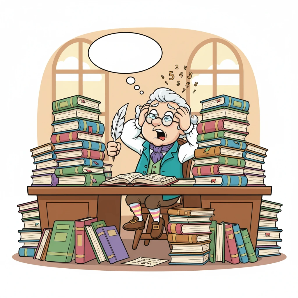 Pip's kind father, a busy tax collector, sits at a gigantic desk piled high with mountains of ledger books, groaning under the weight of endless numbers. His brow is furrowed with frustration, and he sighs heavily, wishing for a magic helper.