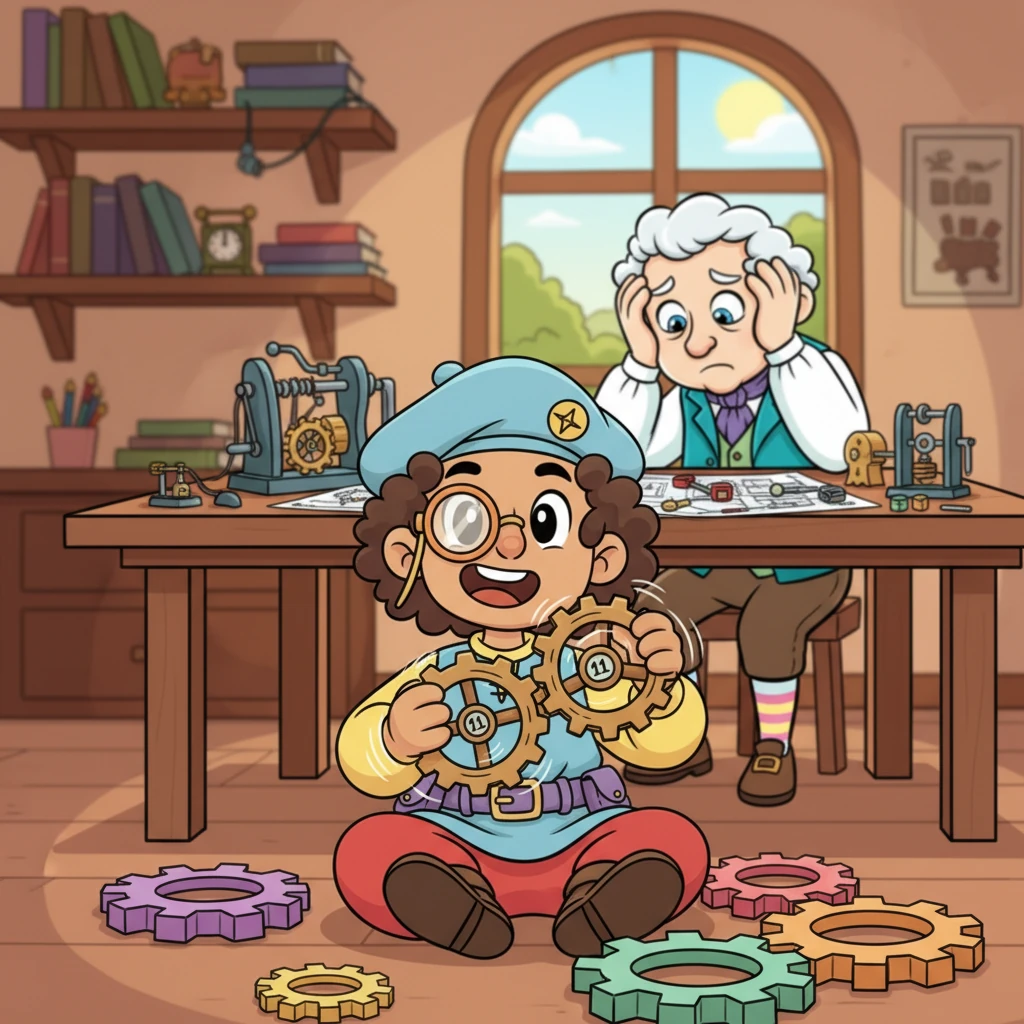 Watching his father struggle, Pip has a brilliant 'aha!' moment while playing with two spinning gears connected by a central shaft. He realizes that if he turns one gear five times and another six, the central shaft shows eleven – pure mechanical magic!