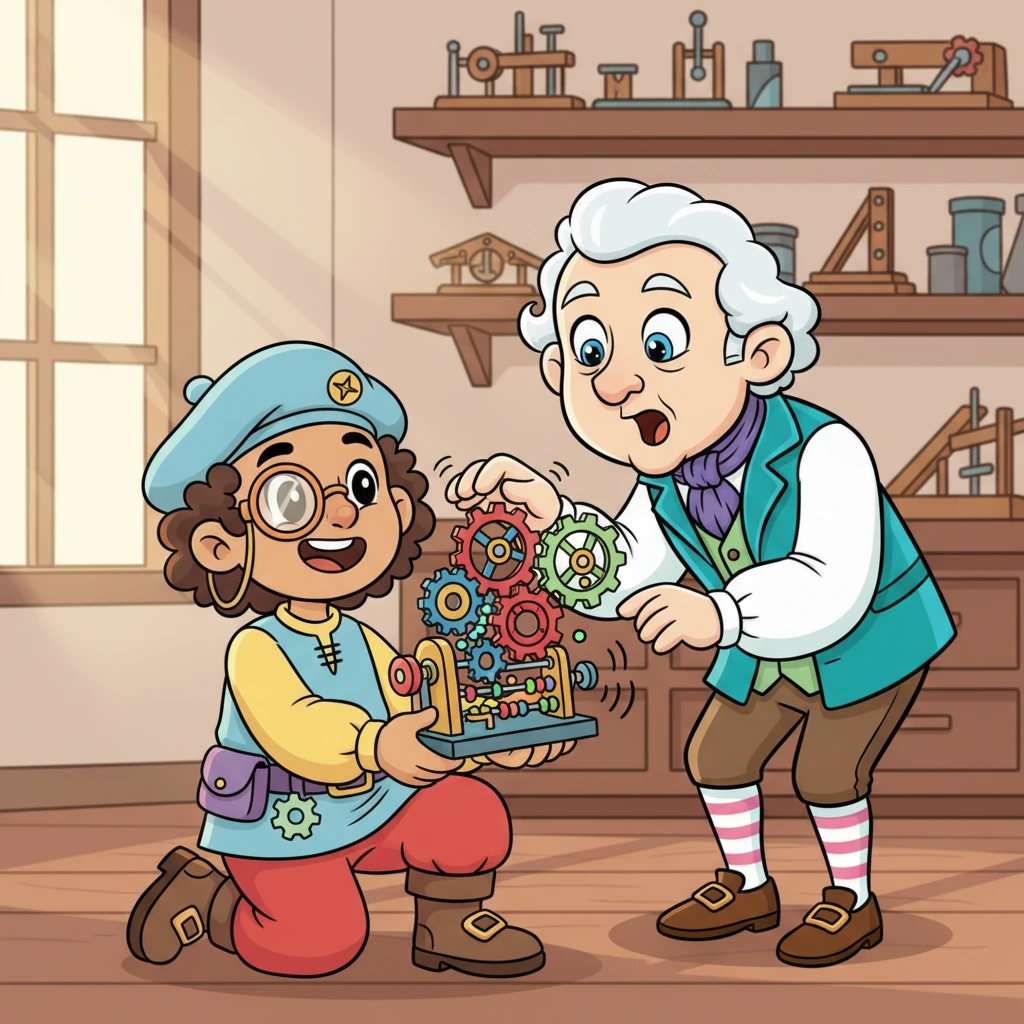 With a burst of energy, Pip builds his very first 'Adder' machine, a colorful contraption of interlocking gears and cranks. He proudly shows his father how it can add numbers with satisfying clicks and whirs, making his father's face light up with a surprised smile.