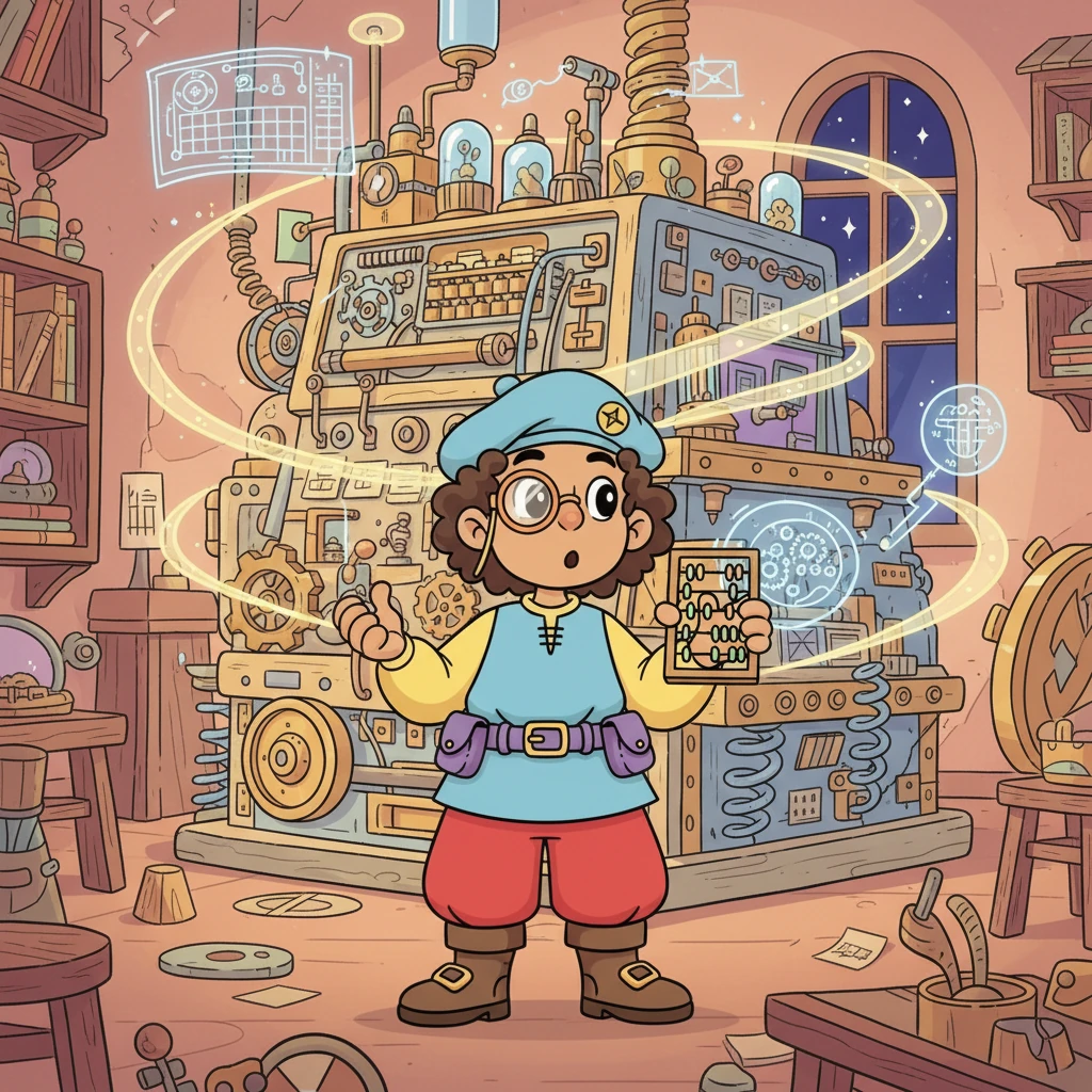 Pip gazes at his specialized adder and wonders with wide, imaginative eyes, 'What if a machine could do ANY calculation, step by step, like following a secret recipe?' His mind races with possibilities, envisioning something much grander.