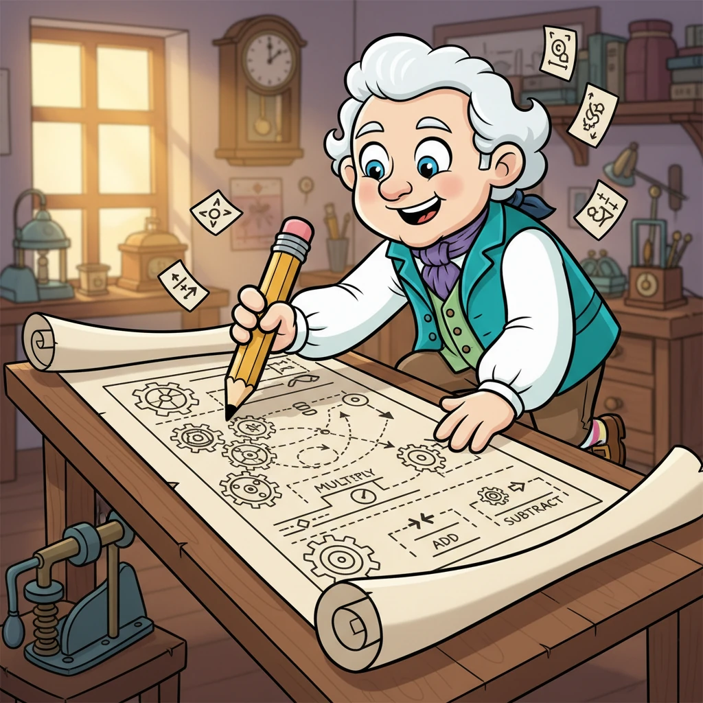 He sketches out a fantastic design for a 'General Purpose Machine,' a magnificent blueprint filled with different sections for multiplying, dividing, adding, and subtracting, all controlled by a sequence of instructions, like a playful dance.