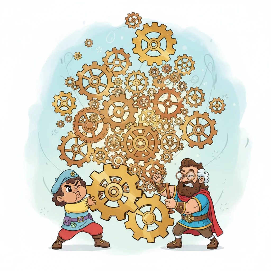 As Pip imagines his grand machine, it grows enormous, with thousands of gears! He tries to turn them by hand, but it's impossible; even a super strong hero would get tired in minutes, making him puff and pout with effort.