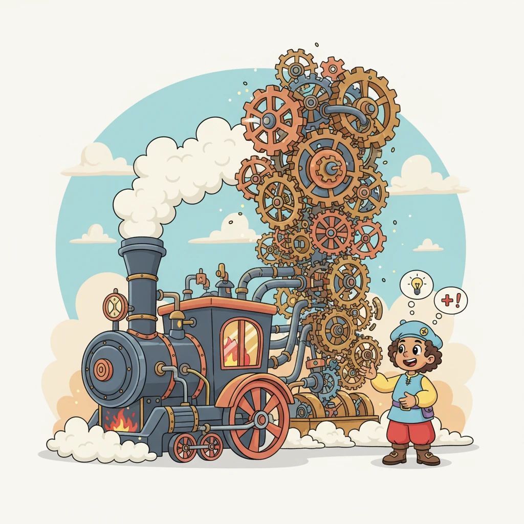 Suddenly, Pip pictures a powerful, puffing steam engine, chugging away beside his massive gear-filled computer. The steam engine provides endless energy, making the gears spin tirelessly, solving problems faster than any human ever could.