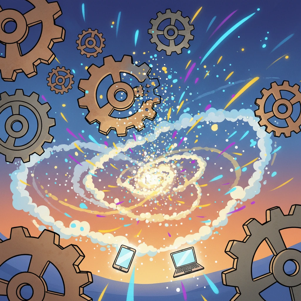 Finally, the scene shifts playfully, showing the clunky, steamy gears shrinking down into tiny, silent, glowing bits. The future of computing is here, transforming from noisy metal to speedy light, ready to zoom into your pockets and homes!