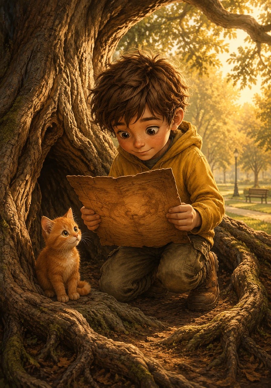 Leo, a boy with messy brown hair and a yellow hoodie, and his small orange kitten, found an old, carved wooden map tucked into the roots of a giant, ancient oak tree. The map was faint but showed a swirling path leading deep into the quiet park at golden hour.