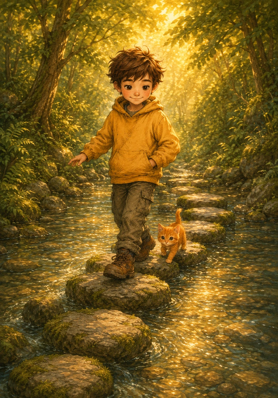 Following the map's strange symbols, Leo and the kitten carefully crossed a sparkling stream by balancing on mossy grey stepping stones. The water giggled around them, reflecting the warm orange light filtering through the detailed green canopy of trees.