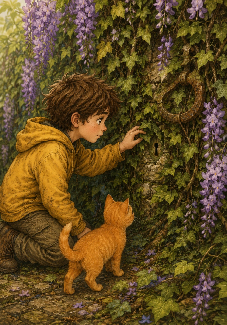 The path led them to a high, crumbling stone wall almost completely hidden by thick ivy and flowering wisteria. Guided by the map, Leo found a small, leaf-shaped keyhole hidden beneath a tangle of leaves near a rusty iron handle.