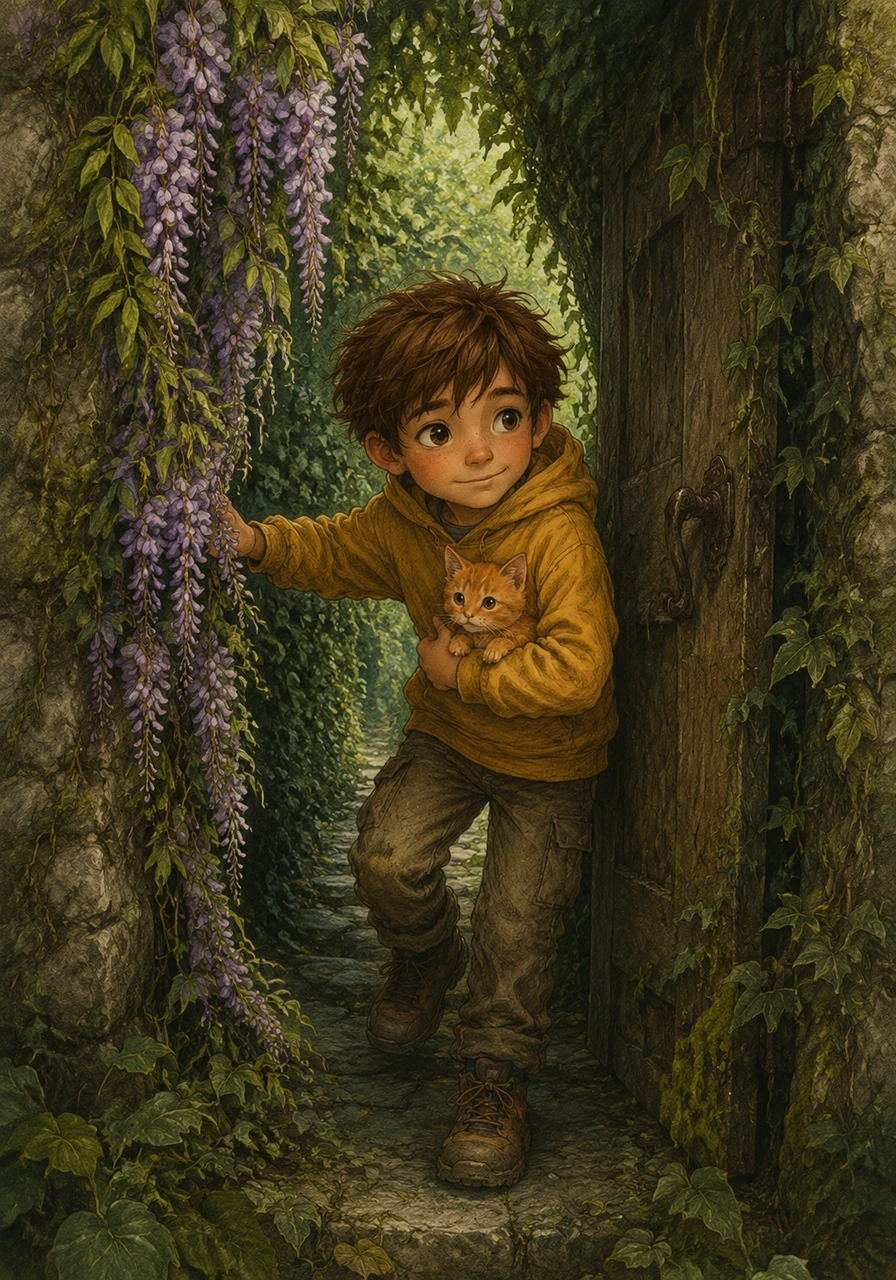 Leo gave a strong push, and the heavy, ivy-covered door groaned open, revealing a narrow, overgrown tunnel of green foliage. Holding the kitten tight, he bravely pushed aside the wisteria vines and stepped into the mysterious cool shade.