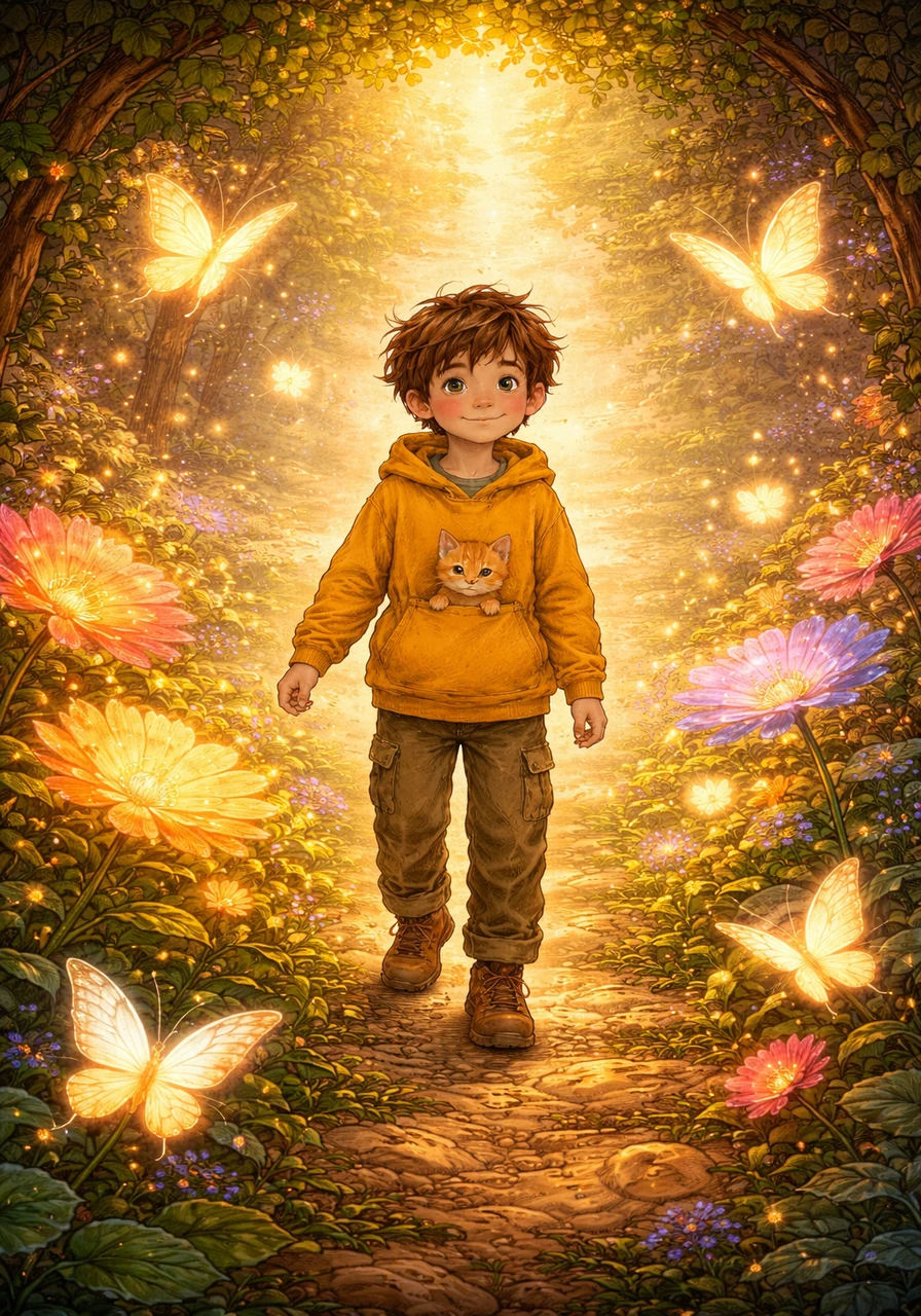 They emerged from the path into a radiant, hidden world bathed in a warm, ethereal golden glow. The air hummed with magic, and the garden was filled with giant, glowing flowers and butterflies with luminescent wings.