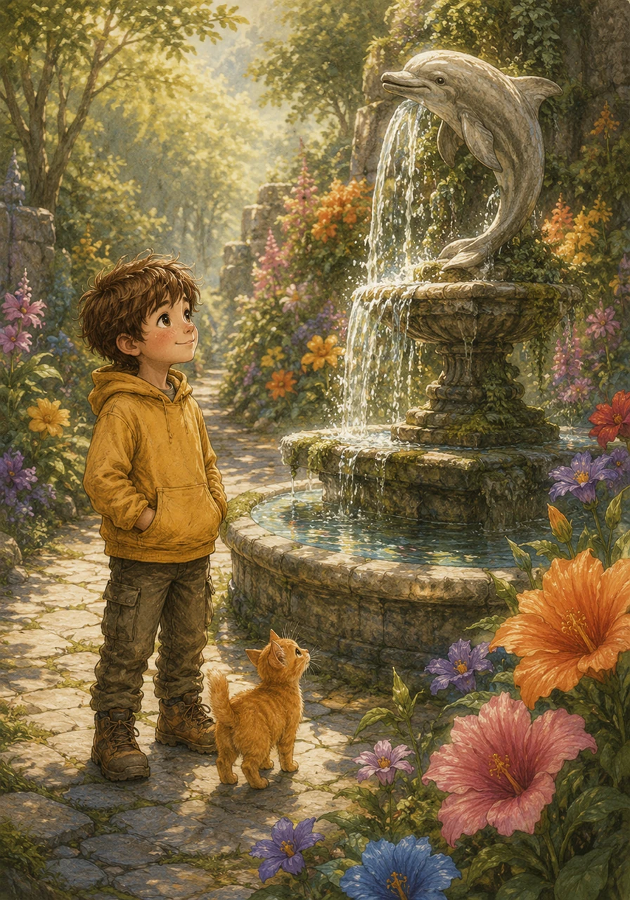 Further down the winding path, they discovered a magnificent stone fountain, carved with a sculpture of a leaping dolphin. Shimmering, crystal-clear water gushed into a basin, reflecting the brilliant, oversized flowers surrounding it.