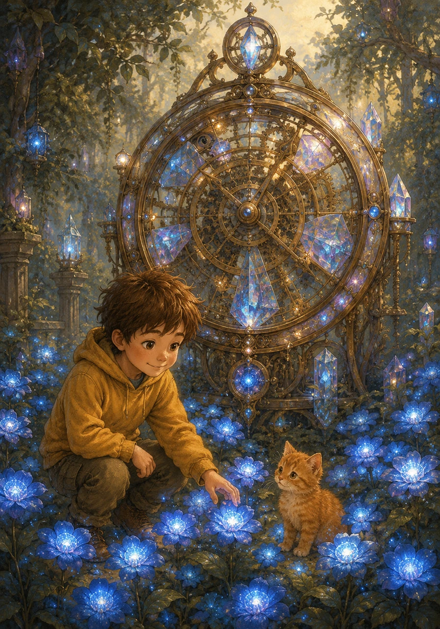 In the center of the garden stood a giant clock made of brass and iridescent crystal, its gears turning silently. Surrounding its base were beds of soft, blue 'Memory Flowers' that emitted gentle, pulsing points of light like captured starlight.