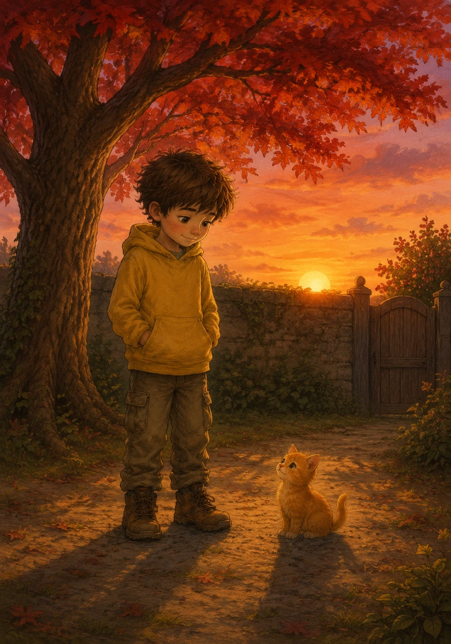As the sun outside the garden wall began to set lower, casting long orange and purple shadows, Leo knew it was time to leave. He stood under a massive sunset tree, its leaves glowing red, and looked down at the kitten, wondering when they would return.