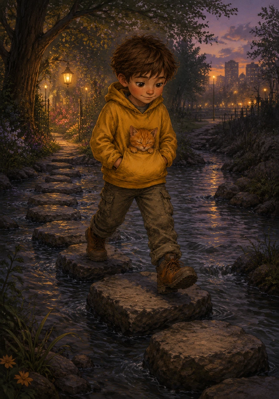 Leo carried the tired kitten, now tucked snugly inside his warm yellow hoodie, back across the stream on the slippery stones. The magical glow of the garden faded behind them as they left the park, returning to the familiar sounds of the city at dusk.