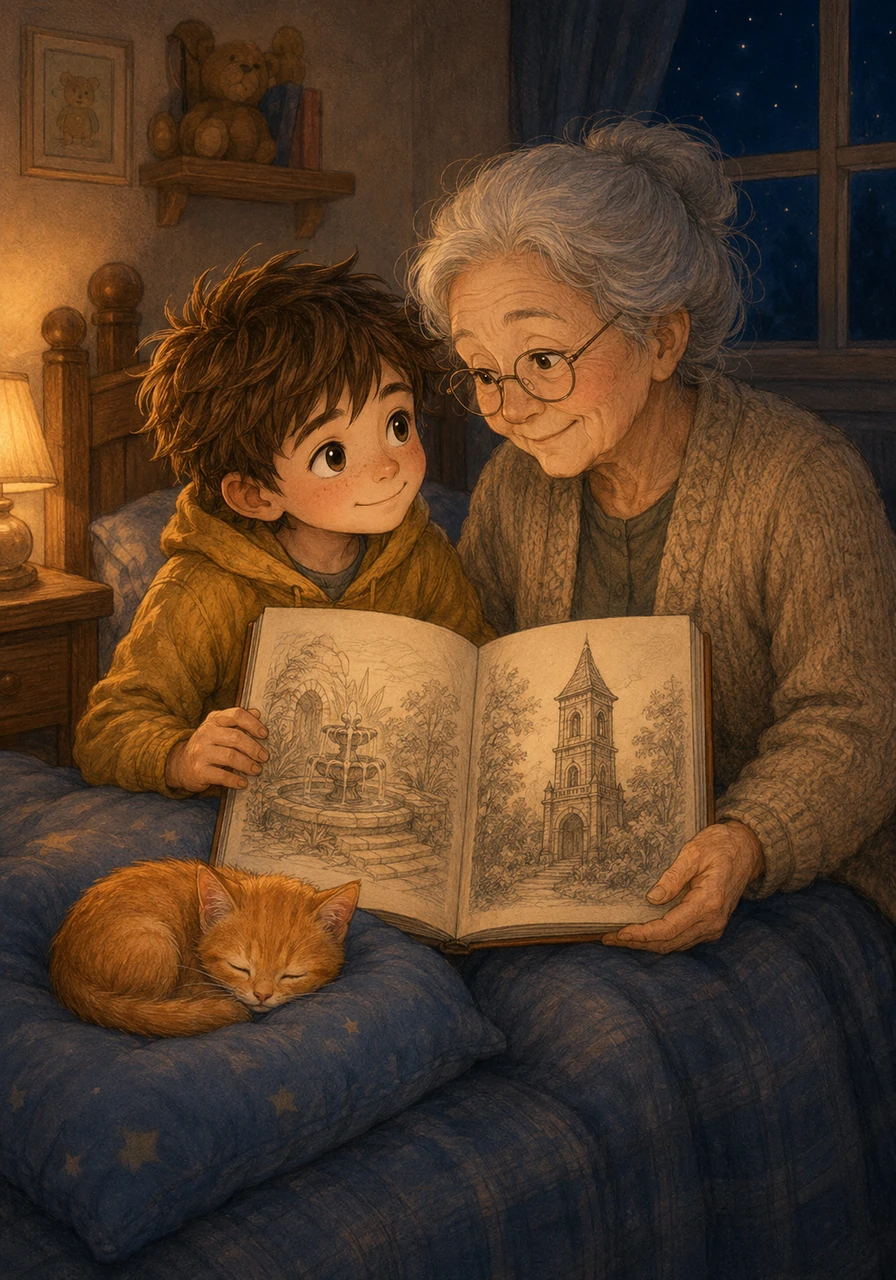 That night, safe in his warm bed, Leo shared his amazing sketchbook drawings of the hidden fountain and the clock tower with his smiling grandmother. The orange kitten was already curled up and purring softly asleep on his soft pillow, dreaming of golden light.