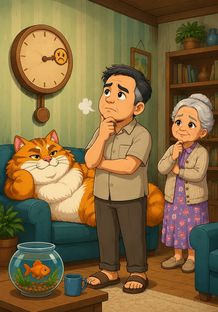 Mr. Rendi stands in his quirky living room, staring at a wooden wall clock where the hand points to the words slightly disappointed instead of a number. He sighs deeply, realizing that a day starting with such an emotional time is bound to be complicated and strange.