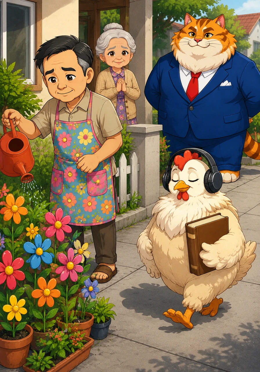 Outside, a neighbor in a bright apron carefully waters vibrant plastic flowers with a watering can to keep them from feeling emotionally thirsty. A fluffy chicken strolls past them wearing large headphones and carrying a thick philosophy book titled How to Fail Elegantly as a Human.