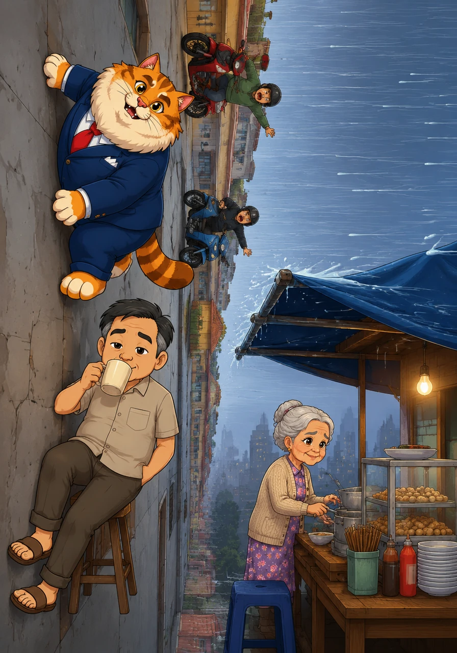 Without warning, gravity shifts ninety degrees and everything begins to fall sideways toward the horizon instead of down to the ground. Motorcycles slide horizontally along the walls of buildings and rain falls in long streaks toward a local food stall while a man calmly sips his coffee sideways.