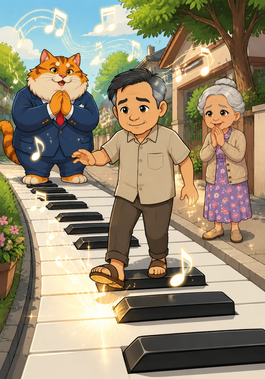 Mr. Rendi attempts to walk down the street, but the concrete sidewalk transforms into a series of massive, gleaming black and white piano keys. Every step he takes produces a resonant musical note, turning his simple morning walk into a whimsical and unintended symphony that echoes through the air.