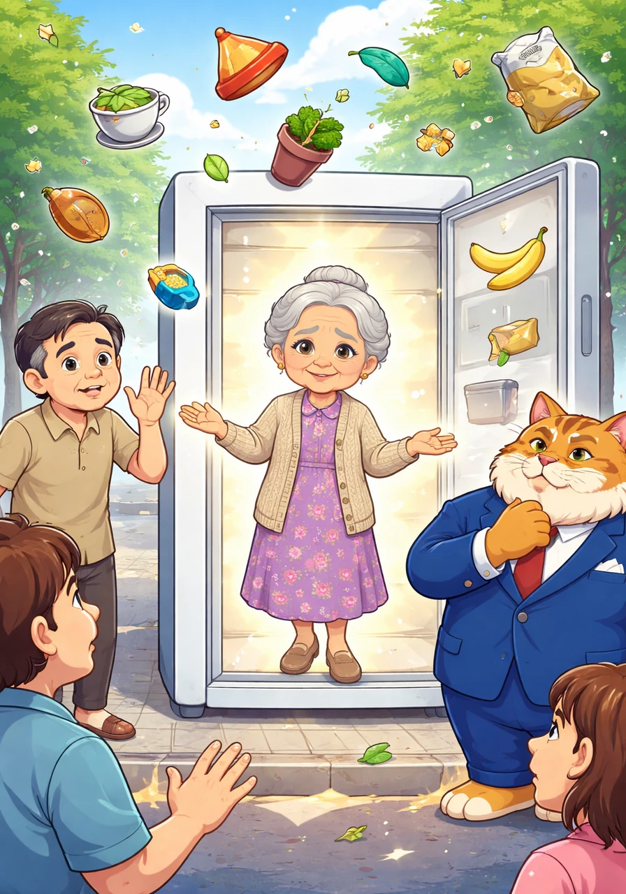 A small, elderly woman with a kind smile steps out from the middle of a large public refrigerator standing on the street corner. She looks at the floating objects and the confused citizens, explaining calmly that the fabric of reality is simply undergoing a necessary system update.