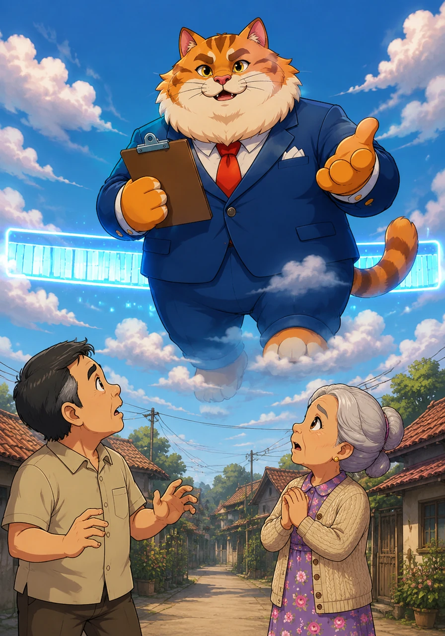 A glowing blue loading bar stretches across the entire horizon of the sky, showing a progress percentage as it pulses with digital light. A colossal ginger cat wearing a professional tie and carrying a clipboard floats down from the clouds, asking the residents who ordered this absurd day.