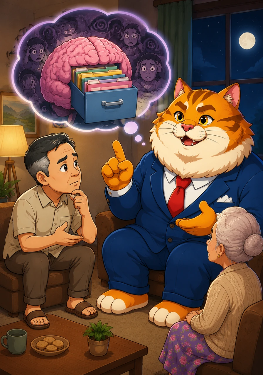 Mr. Rendi speaks with the giant cat, asking why humans often feel they have forgotten something important without knowing what it is. The cat smiles wisely and explains that the human brain stores weird feelings from two in the morning in a permanent file that can never be deleted.