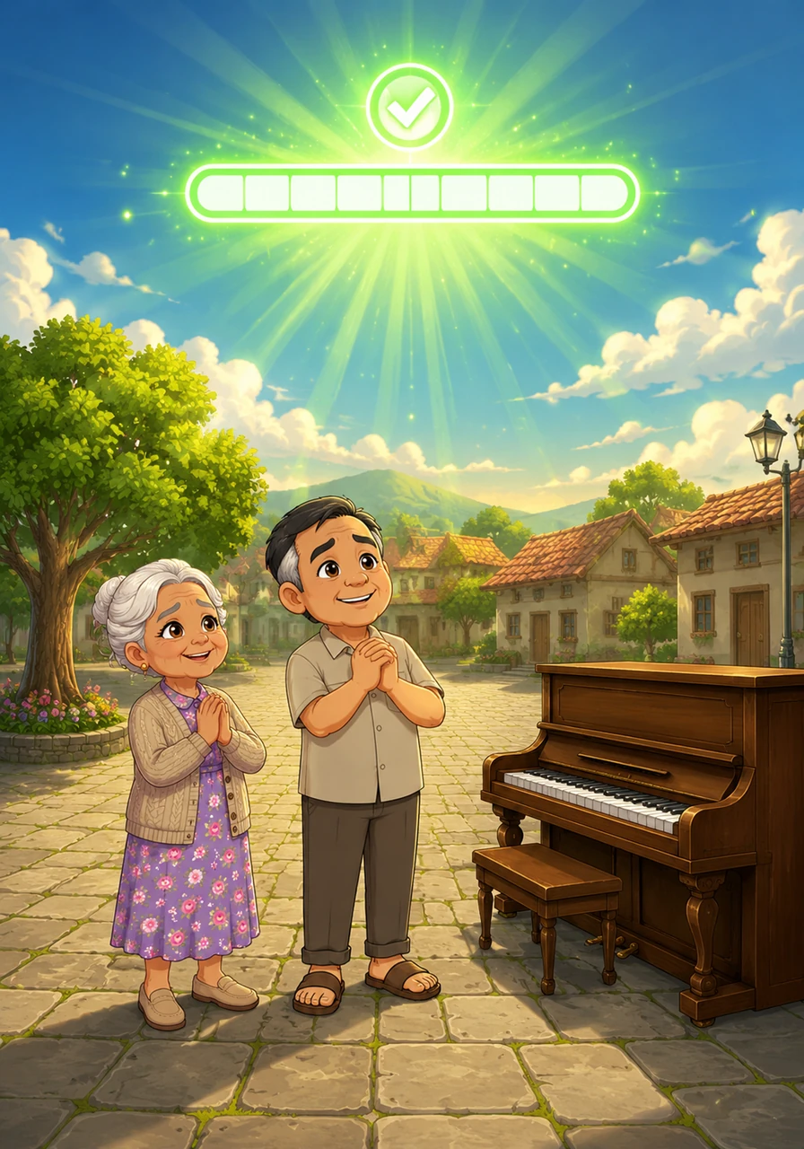 The loading bar in the sky reaches one hundred percent and flashes a bright green light with a message that the reality update was successful. Instantly, gravity rights itself, the piano keys turn back into stone, and the world returns to its quiet, everyday stillness as the giant cat vanishes.