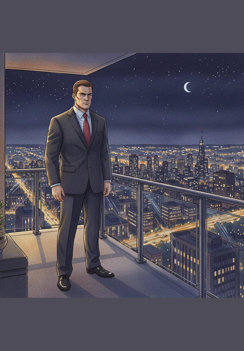 Marco DeLuca stood atop a high-rise balcony, the neon lights of the city reflecting in his cold, calculating eyes. As the king of the night, he controlled the shadows and the secrets that kept the city breathing through whispered threats and quiet deals.