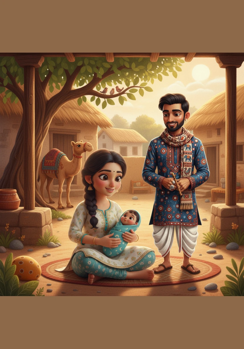 Near the sacred city of Dwarka lies a peaceful village where the Venu River winds like a silver ribbon past an ancient stone temple of Lord Shiva. The water sparkles under the morning sun as the village begins to stir with life.