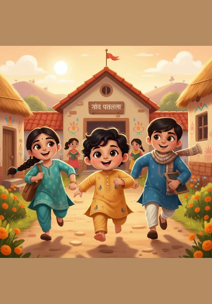 Joyful children race toward the village school, their laughter echoing through the sun-drenched streets. Inside, the school is a place of discovery where they learn through play, sports, and exciting trips to the world outside their village.