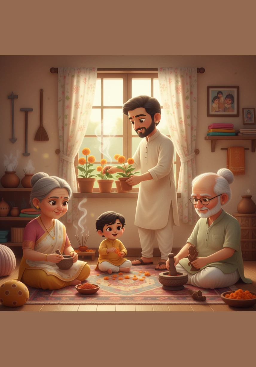 In a warm home filled with the scent of marigolds and incense, a family of parents and grandparents lives in perfect harmony. They spend their days working the land and practicing traditional crafts, their lives rooted in love and hard work.