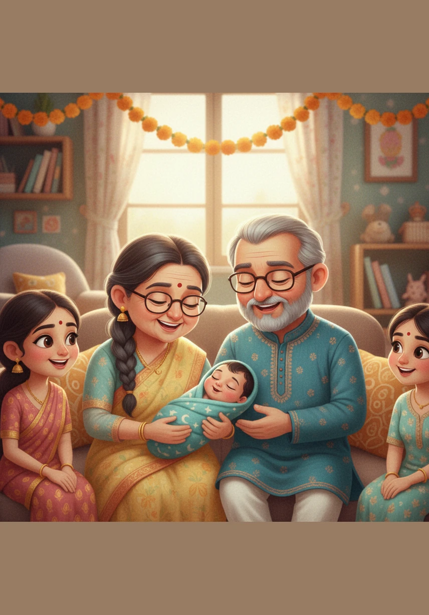 A wave of celebration washes over the household as a baby boy named Dharmesh is born, bringing a new light to the entire family. The grandparents tenderly cradle the newborn, their faces glowing with pride and pure happiness.