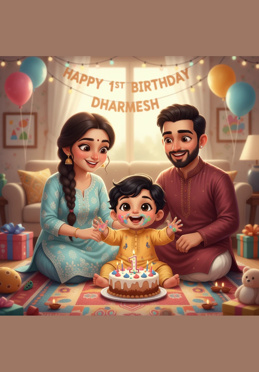 Time flies by until Dharmesh reaches his very first birthday, a milestone celebrated with festive songs and special blessings. He is now a curious toddler, observing the world around him with wide, bright eyes and a playful spirit.
