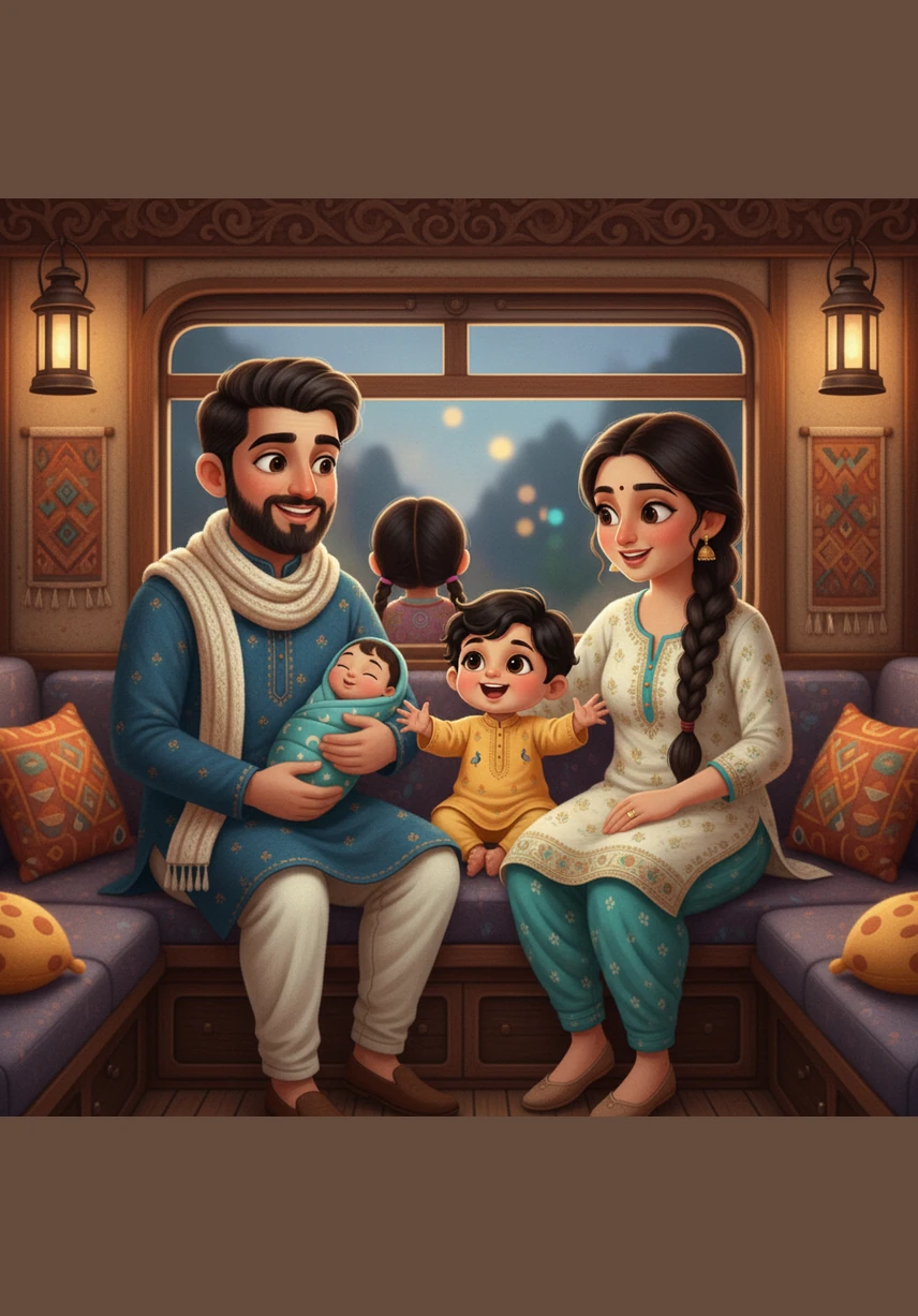 To celebrate his first year, the family embarks on a special journey to Dwarka by train to seek the blessings of Lord Krishna. Inside the rhythmic train carriage, fellow travelers share stories and snacks as the landscape blurs past the windows.