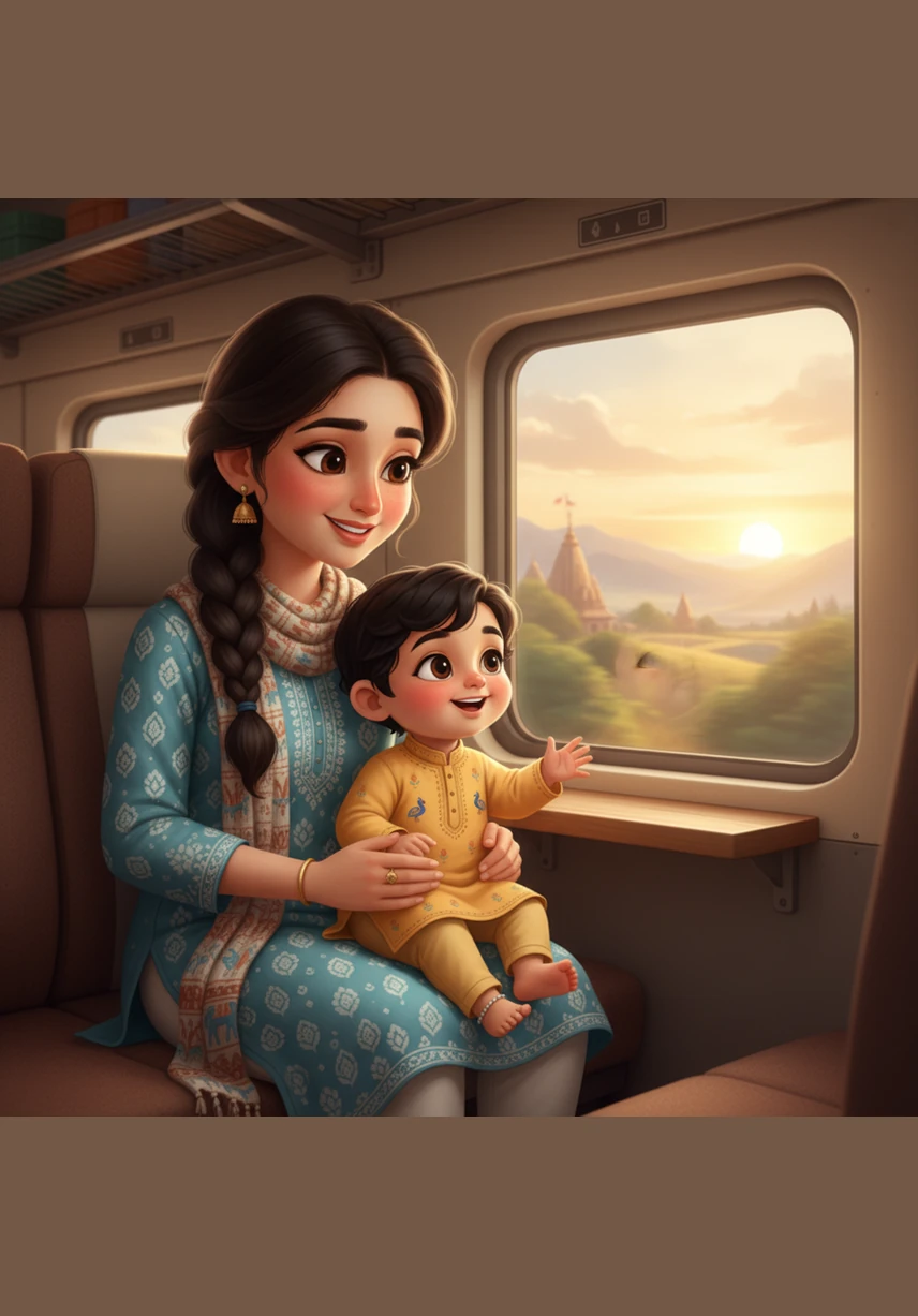 Nestled comfortably in his parents' lap, Dharmesh watches the passing world through the train window with quiet fascination. Surrounded by the warmth of his family, he travels toward the sacred horizon, beginning his very first great adventure.
