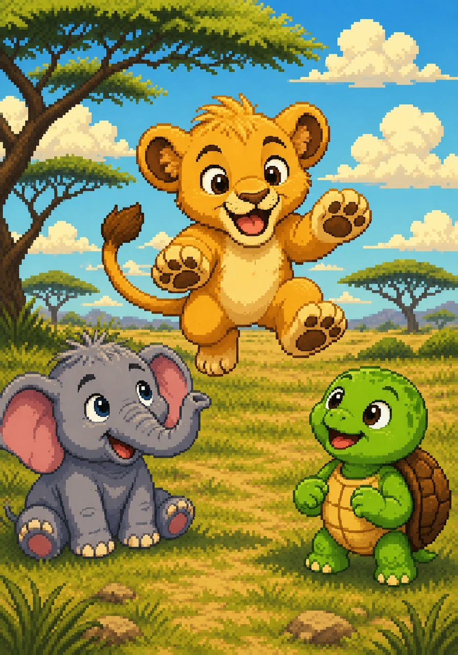 Leo the little lion cub loves to play on the sunny savanna playground with all of his animal friends. He has big, strong paws and lots of exciting energy, but sometimes he forgets how big he is. Today, he is eager to join the fun, bouncing up and down with a giant smile.