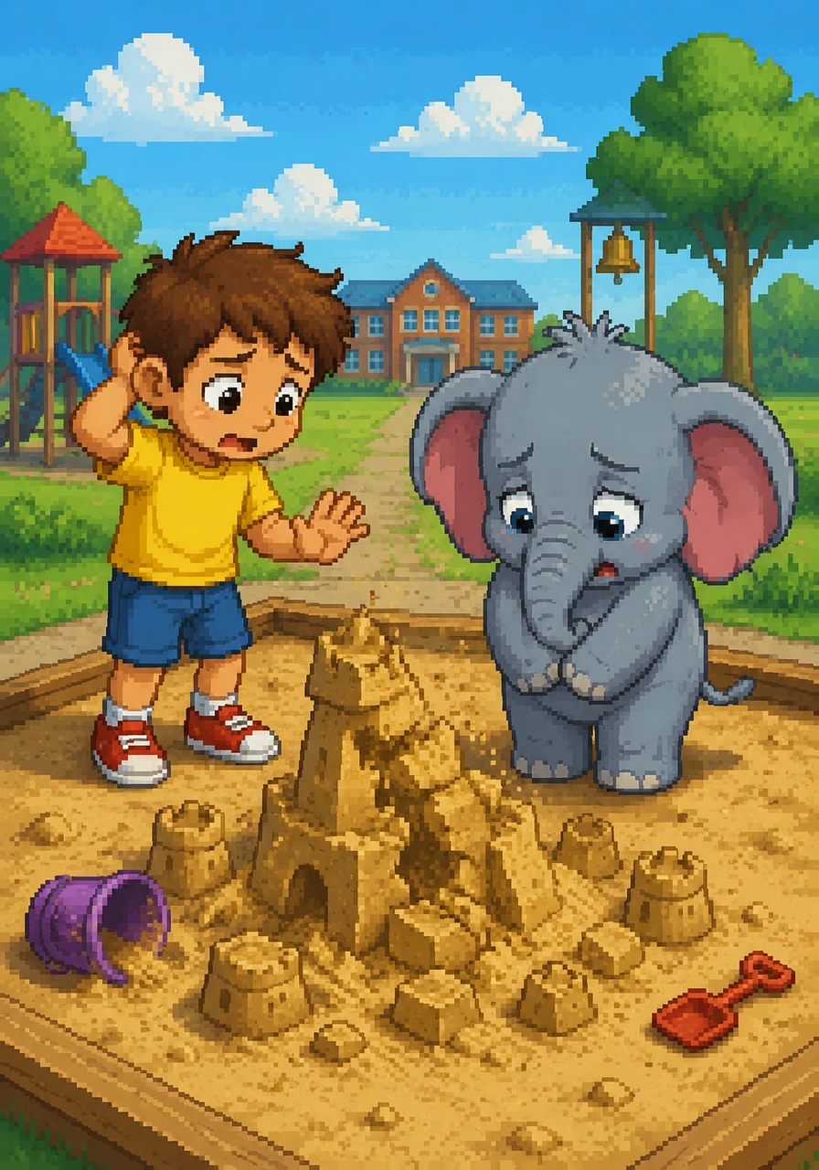 When the playground bell rings, Leo rushes over to the sandbox where Ellie the elephant is building a beautiful sandcastle. In his excitement to join, Leo reaches out too quickly and accidentally knocks over the tall towers. Ellie looks down at her ruined castle, feeling very sad and startled.