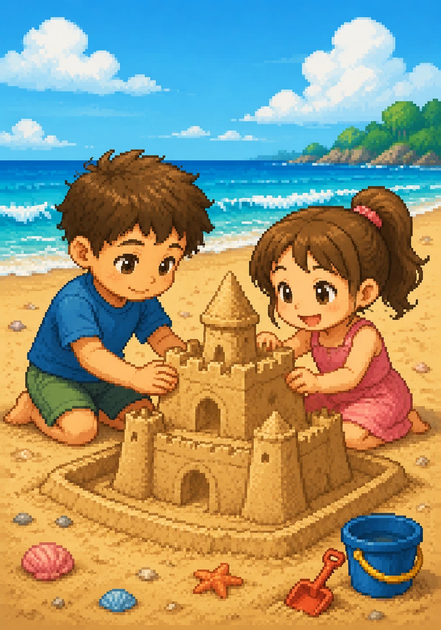 Taking a deep, calm breath, Leo decides to try again using his brand new superpower: gentle hands. He slowly walks up to Ellie, sits down quietly, and offers to help rebuild the castle walls. Together, using soft taps and careful pats, they make the sandcastle even bigger than before.