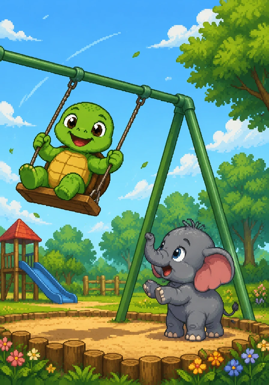 Later by the tall green swings, Toby the turtle is taking a turn swinging high into the sky. Leo wants a turn very badly, but instead of pushing or crowding, he stands back and waits patiently. He uses his voice to ask nicely, showing respect for his friend's space.