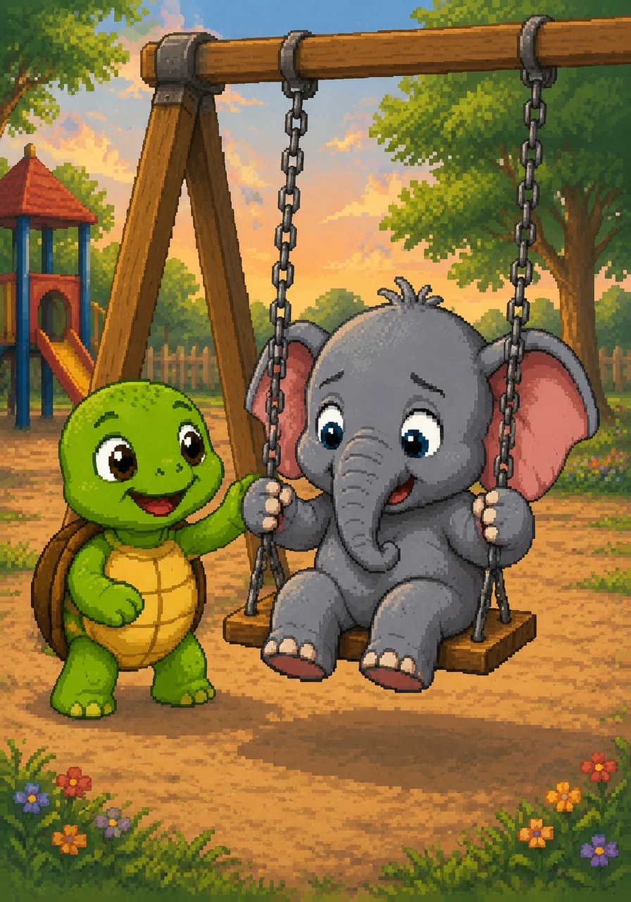 When it is finally Leo's turn, Toby steps aside with a smile. Leo carefully climbs onto the swing, and instead of grabbing roughly, he holds the chains with a soft grip. He realizes that being gentle applies to both his friends and the toys they share.