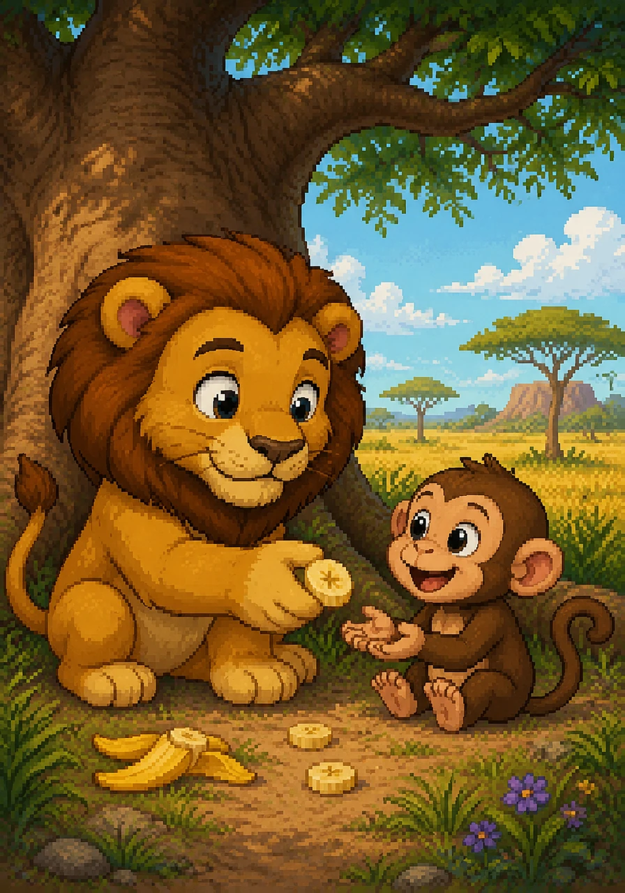 During snack time under the shady baobab tree, Pip the monkey accidentally drops his delicious banana slice. Instead of snatching it away or teasing, Leo uses his gentle paws to carefully pick it up and hand it back to Pip. Pip beams with joy and thanks Leo for being so incredibly kind.