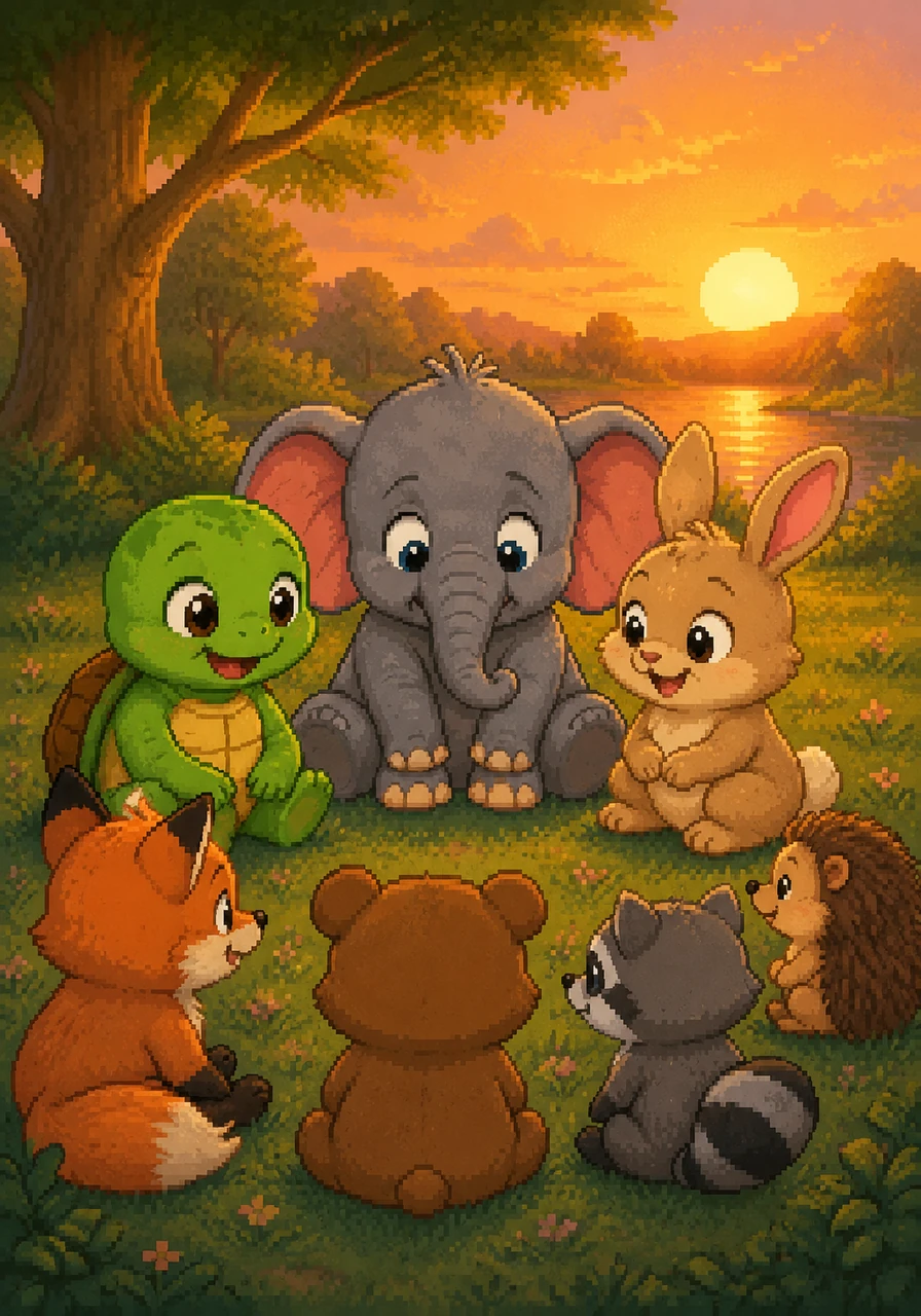 As the afternoon sun begins to set, all the little animals gather around in a big, cozy circle to share a story. Leo sits closely next to Ellie and Pip, carefully keeping his hands and feet to himself so everyone has plenty of room to relax. His friends feel happy and comfortable sitting right by his side.