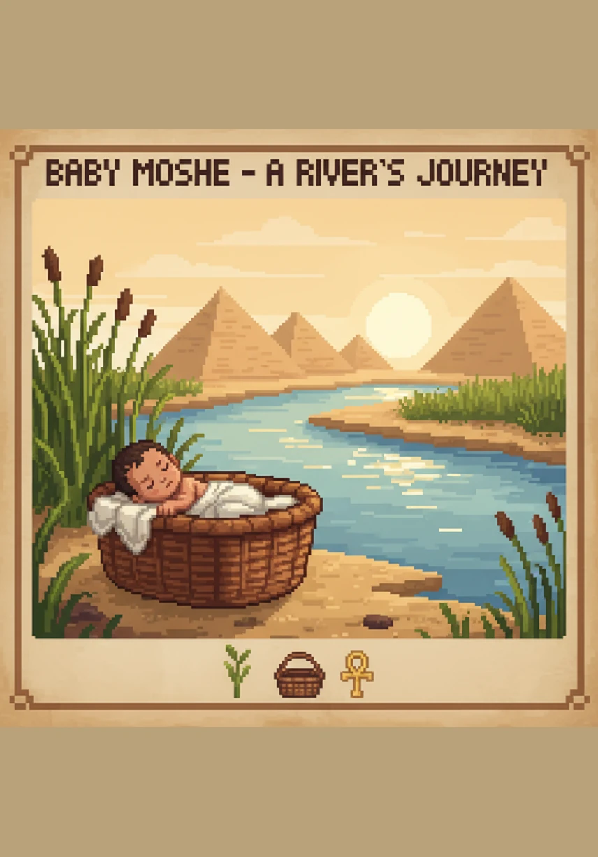 A tiny baby named Moshe sits in a cozy, woven basket. The basket floats softly on a sparkling blue river among the green plants.