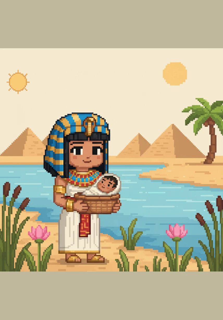 A kind princess with a golden crown finds the basket near the water. She gives baby Moshe a warm smile and holds him safely in her arms.