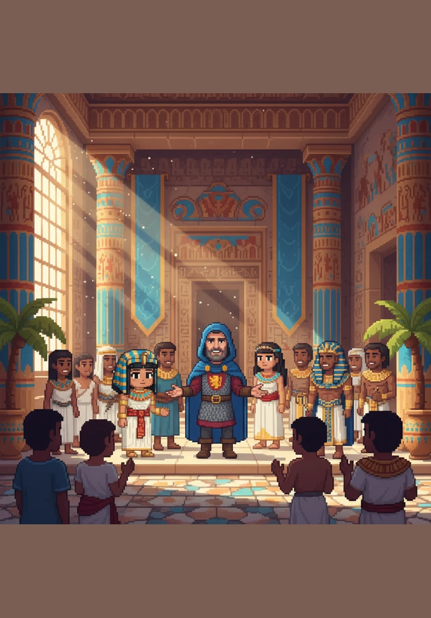 Moshe grows up to be a very brave and kind man. He lives in a big, colorful palace but wants to help all his friends be happy.