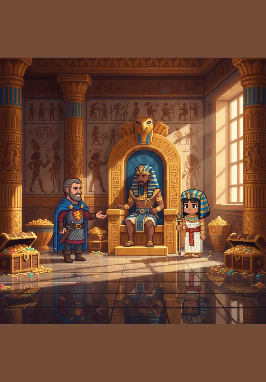 Moshe stands in a grand room full of gold and talks to the King, the Pharaoh. He says, "Please let my people go to a new home."