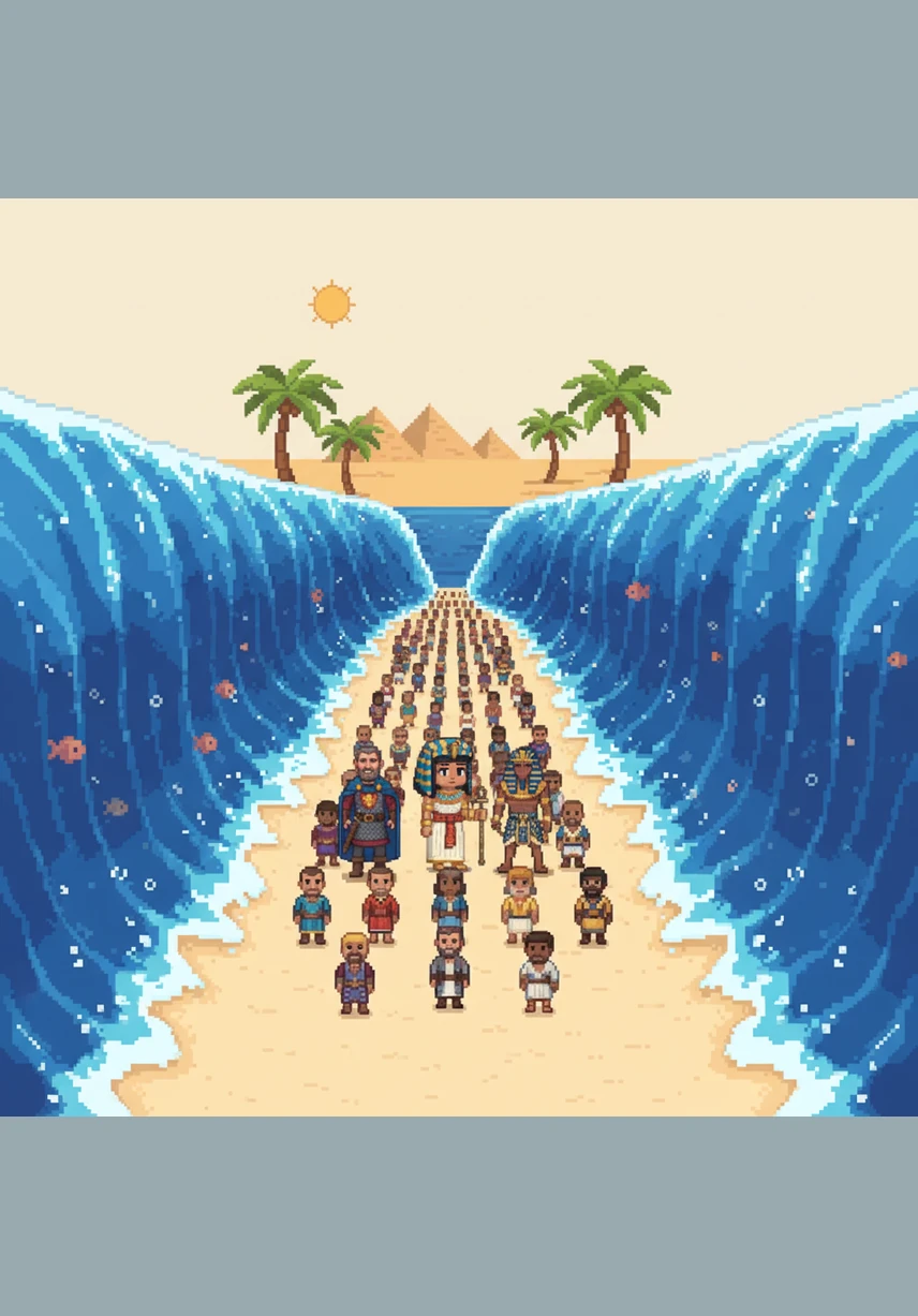 When they reach the big blue sea, the water moves to the side to make a path. Everyone walks across safely on the dry, soft sand.