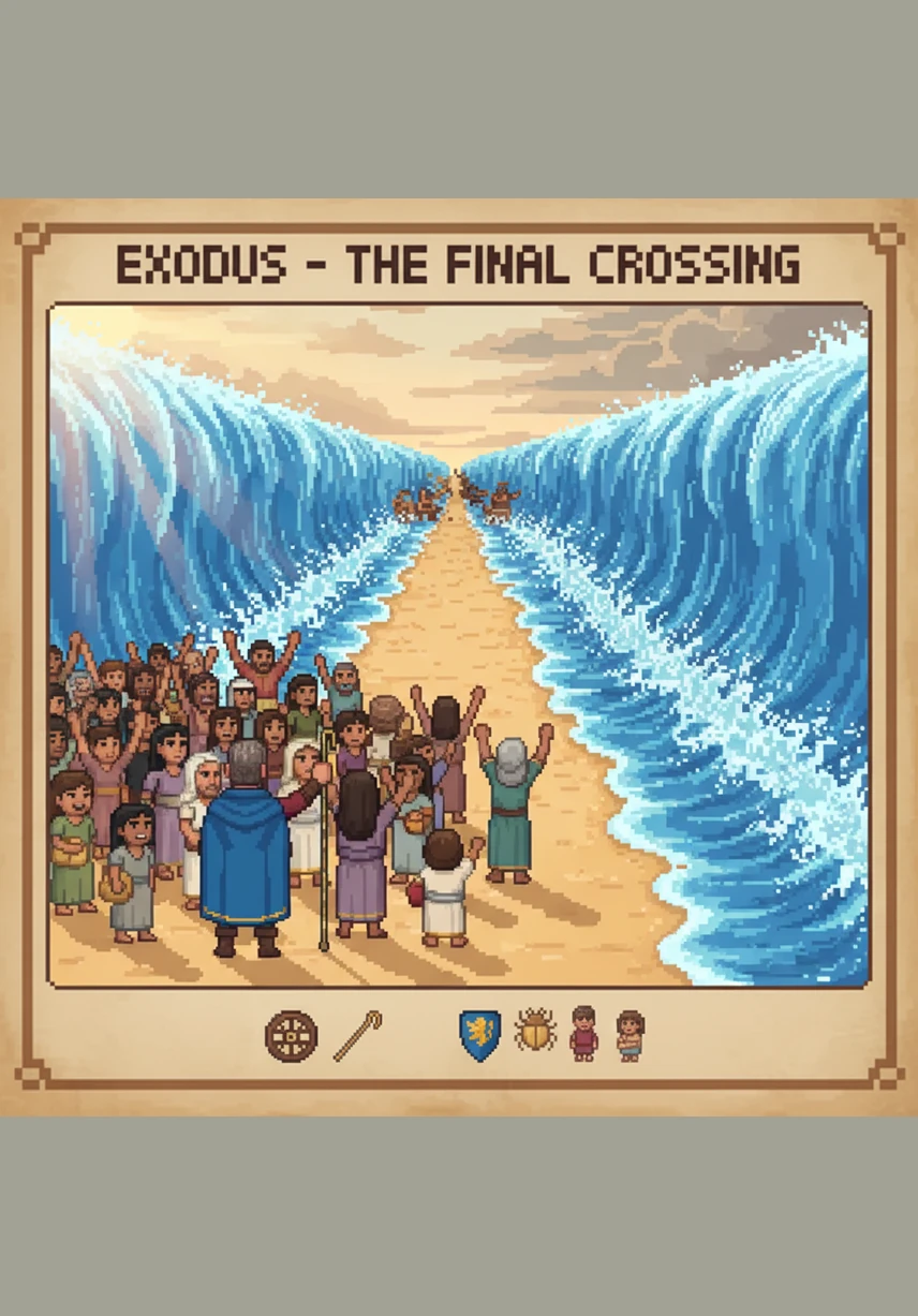 On the other side of the sea, everyone dances and sings happy songs. They are all free now, and they celebrate their wonderful journey together.