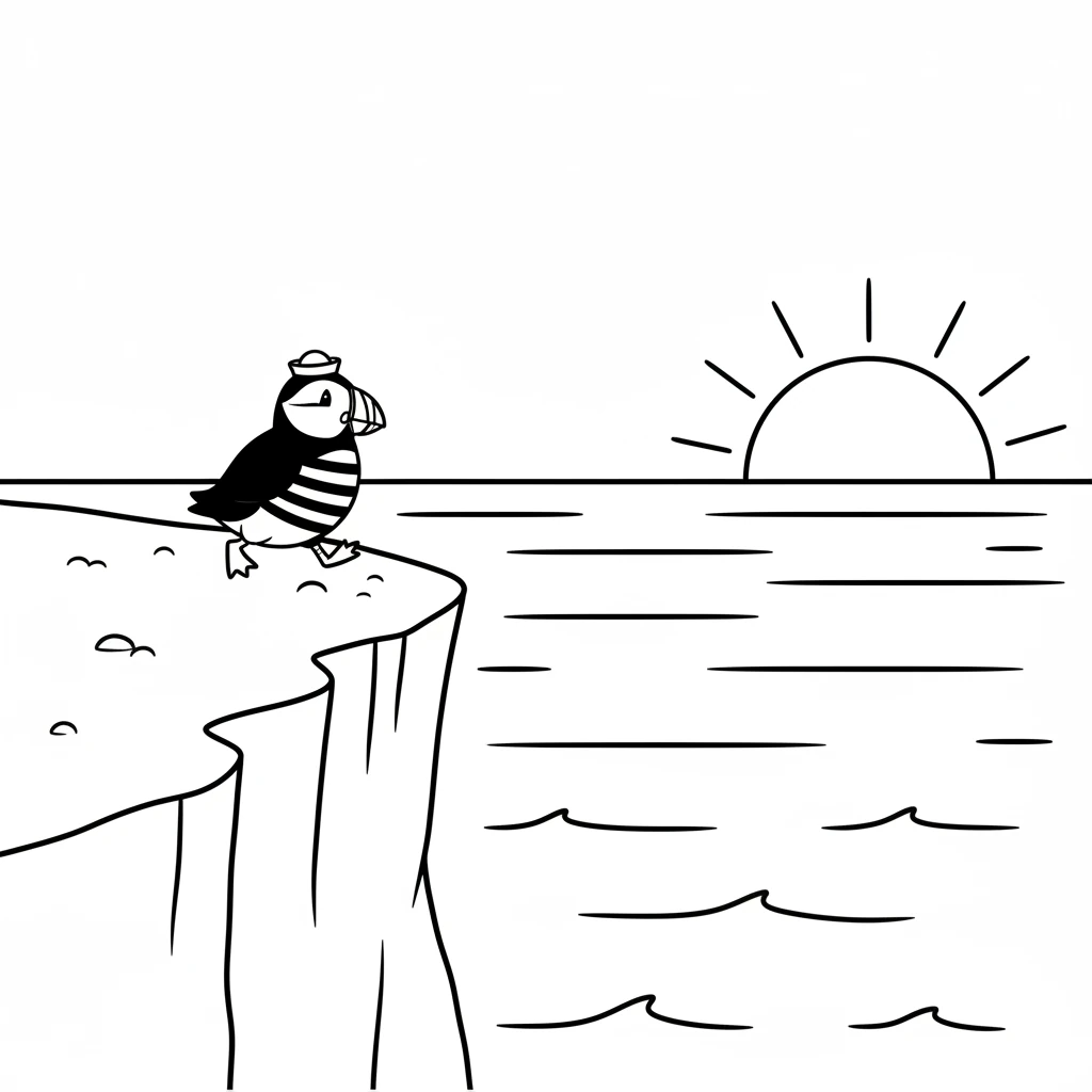 He waddles out to the cliff edge, where the morning sun is just peeking over the horizon. The vast ocean stretches out below him, calm and inviting.